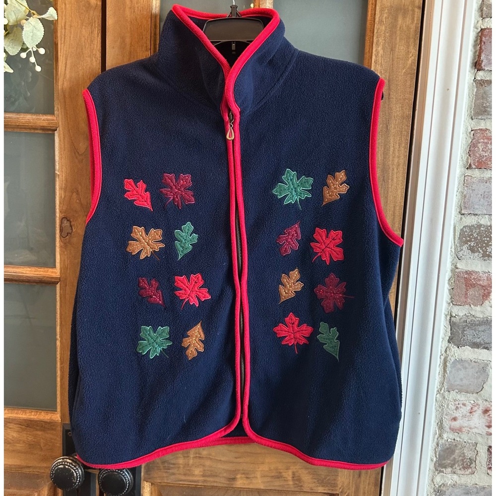 Classic Elements Fleece Vest Womens PL Navy Blue Embroidered Fall Leaves Zip Up